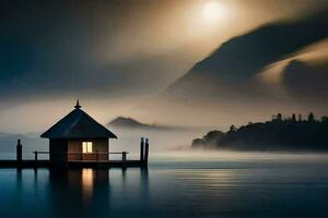 une petit maison est assis sur une Dock dans le milieu de une lac. généré par ai photo