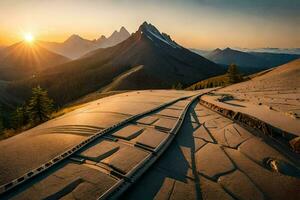 une train Piste court par le montagnes à le coucher du soleil. généré par ai photo