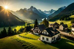 une magnifique Montagne village avec Maisons et montagnes dans le Contexte. généré par ai photo