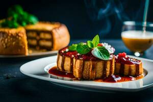 une assiette avec une tranche de gâteau et une tasse de café. généré par ai photo