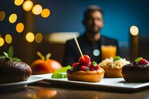 une homme dans une costume est séance à une table avec aliments. généré par ai photo