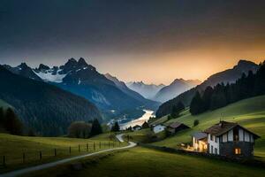 une maison dans le montagnes à le coucher du soleil. généré par ai photo