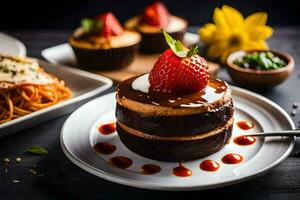 une dessert avec des fraises et Chocolat sur une plaque. généré par ai photo