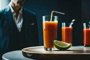 une homme dans une costume permanent suivant à une verre de Orange jus. généré par ai photo