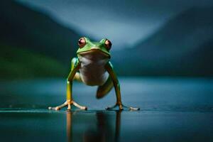 une grenouille permanent sur le bord de une lac. généré par ai photo