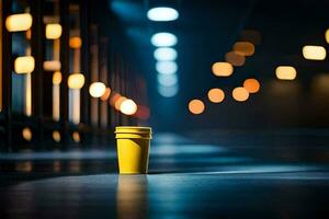 une Jaune tasse séance sur le sol dans une foncé chambre. généré par ai photo