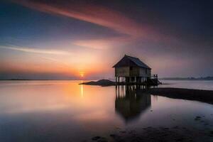 une petit maison est assis sur le rive de une Lac à le coucher du soleil. généré par ai photo