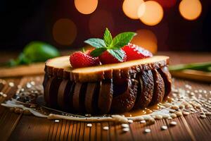 une dessert avec des fraises et menthe sur une en bois tableau. généré par ai photo