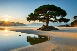 photo fond d'écran le ciel, sable, des arbres, le mer, le soleil, le mer, le. généré par ai