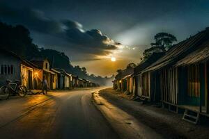 une rue dans le village à nuit. généré par ai photo