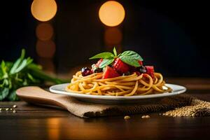 spaghetti avec baies et basilic sur une plaque. généré par ai photo