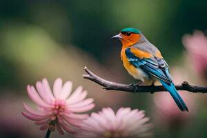 une coloré oiseau est assis sur une branche avec rose fleurs. généré par ai photo