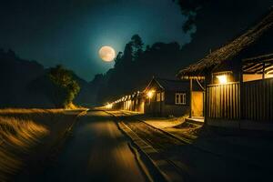 une route à nuit avec une lune dans le ciel. généré par ai photo