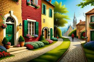 une La peinture de une rue avec coloré Maisons. généré par ai photo