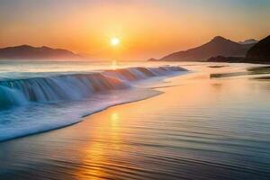 le Soleil monte plus de le océan et vagues. généré par ai photo
