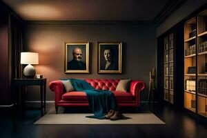 une rouge canapé dans une foncé pièce avec deux peintures sur le mur. généré par ai photo