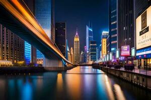 une longue exposition photographier de une ville à nuit. généré par ai photo