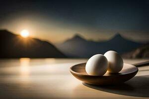 deux des œufs dans une en bois cuillère sur une table avec montagnes dans le Contexte. généré par ai photo
