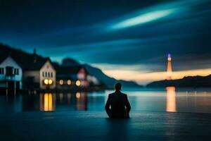 une homme séance sur le bord de une Lac à nuit. généré par ai photo