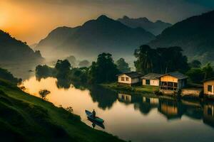 photo fond d'écran le ciel, montagnes, rivière, loger, bateau, coucher de soleil, lever du soleil, vietnamien. généré par ai