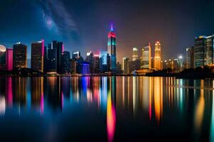 le ville horizon à nuit avec coloré lumières réfléchi dans le l'eau. généré par ai photo