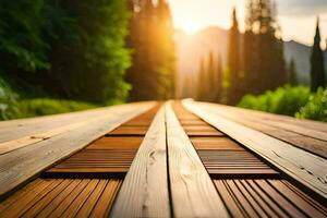 une en bois passerelle dans le milieu de une forêt. généré par ai photo