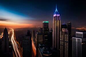 le Empire Etat bâtiment est allumé en haut à nuit. généré par ai photo