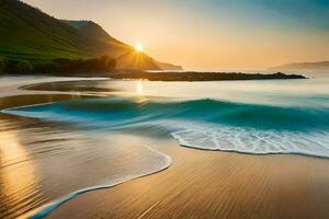 le Soleil monte plus de le océan vagues à le coucher du soleil. généré par ai photo