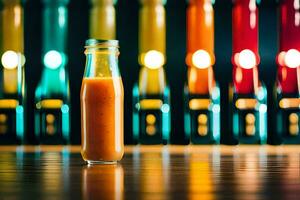 une bouteille de sauce séance sur une table dans de face de coloré lumières. généré par ai photo