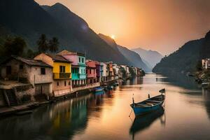 une bateau est amarré dans le l'eau à le coucher du soleil. généré par ai photo