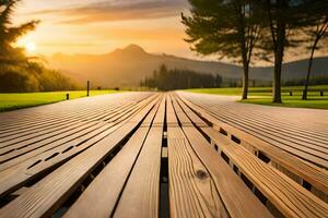 en bois passerelle dans le le coucher du soleil. généré par ai photo