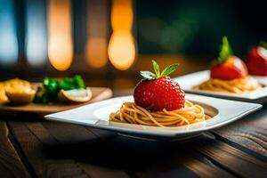 spaghetti avec des fraises sur une plaque. généré par ai photo