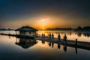 gens permanent sur une Dock à lever du soleil. généré par ai photo