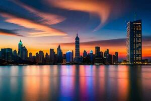 le ville horizon à le coucher du soleil dans shanghaï. généré par ai photo