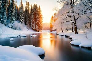 une rivière dans le neige. généré par ai photo