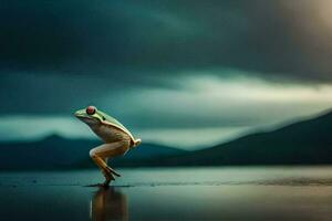 une grenouille sauter dans le l'eau avec une foncé ciel. généré par ai photo