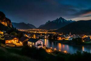 le village de une ville dans le montagnes à nuit. généré par ai photo