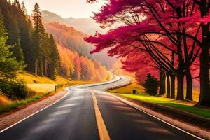 une route avec des arbres et une coloré arbre dans le milieu. généré par ai photo