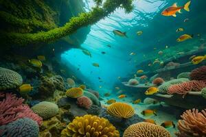 un sous-marin scène avec corail et poisson. généré par ai photo