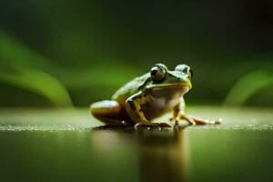 une grenouille séance sur une surface avec vert feuilles. généré par ai photo