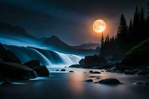 une plein lune brille plus de une rivière et cascade. généré par ai photo