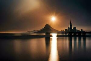 une ville horizon est réfléchi dans le l'eau à le coucher du soleil. généré par ai photo