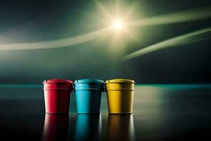 Trois coloré tasses asseoir sur une table avec une brillant lumière brillant dans le Contexte. généré par ai photo