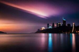 le ville horizon à le coucher du soleil avec une arc en ciel lumière. généré par ai photo