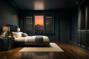 une chambre avec une vue de le montagnes à le coucher du soleil. généré par ai photo