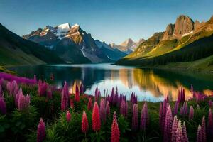 le Lac et fleurs sont dans le premier plan, le montagnes sont dans le Contexte. généré par ai photo