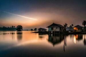 une maison sur le l'eau à le coucher du soleil. généré par ai photo