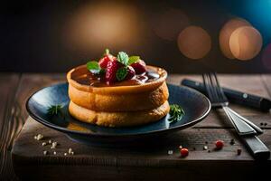 une assiette avec une empiler de Crêpes surmonté avec des fraises. généré par ai photo