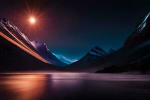 une Montagne intervalle avec une Lac et une brillant Soleil. généré par ai photo