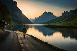 une homme des promenades vers le bas une route dans de face de une lac. généré par ai photo
